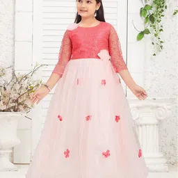 BAESD Girls Floral Embroidered Round Neck Corsage Detail Net Gown Maxi Dress-image-15