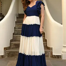 KALINI Colourblocked V-Neck Flutter Sleeves Cotton Maxi Dress-image-69