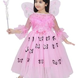 BAESD Girls Floral Print Boat Neck Bell Sleeve Net Fit & Flare Maxi Party Dress-image-96