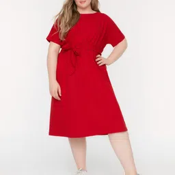 Trendyol Plus Size Tie-Ups Fit & Flare Cotton Midi Dress-38