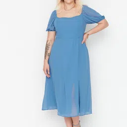 Trendyol Plus Size Square Neck Cuffed Sleeves Fit & Flare Midi Dress-picture-17