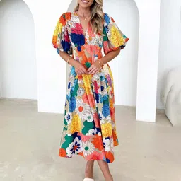 JC Mode Floral Printed Flared Sleeve Fit & Flare Midi Dress-image-73