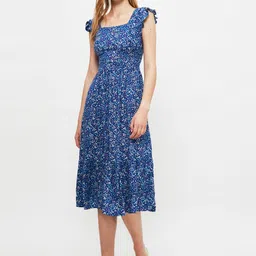 Trendyol Square Neck Floral Print Flutter Sleeve Fit & Flare Midi Dress-image-14