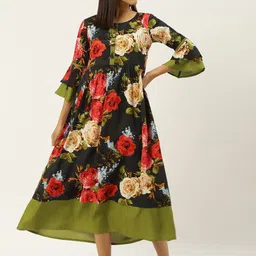 all about you Black & Coral Pink Floral Printed Bell Sleeve Fit & Flare Midi Dress-image-75