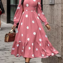 StyleCast Pink Polka Dot Print Puff Sleeve Fit & Flare Midi Dress-image-37