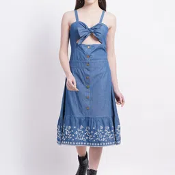 SUMAVI-FASHION Shoulder Straps Cut-Outs Pure Cotton Denim A-Line Midi Dress-picture-9