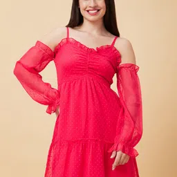 Globus Pink Self Design Cold-Shoulder Shoulder Straps Gathered Tiered Fit & Flare Dress-picture-5