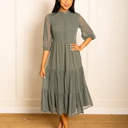 ELEVEN.O.ONE Self Design Tiered Georgette Fit & Flare Midi Dress-image-70