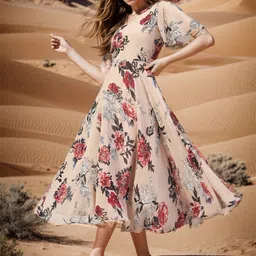 RARE Floral Printed Flared Sleeves Georgette Fit & Flare Midi Dress-image-54