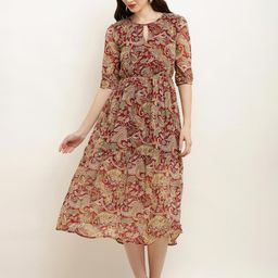 SQew Ethnic Motifs Print Keyhole Neck Georgette Fit & Flare Midi Dress-picture-21