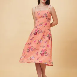 Globus Floral Printed Shoulder Straps Sleeveless Georgette Fit & Flare Midi Dress-image-52