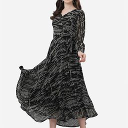 Fashion2wear Abstract Printed Tie-up Detailed V-Neck Puff Sleeves Fit & Flare Dress-picture-2