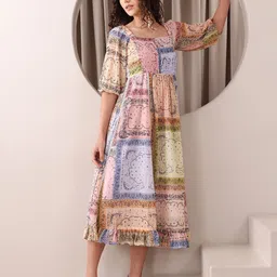 OBSHIVKA Printed Puff Sleeve Ruffled Georgette Fit & Flare Midi Dress-image-9
