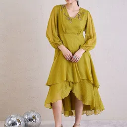 MEDLEY BY ANTHEAA Women Self Design V-Neck Puff Sleeves Puff Sleeve Fit & Flare Midi Dress-image-57