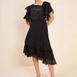 Antheaa Black V-Neck Flutter Sleeve Embellished Detail Fit & Flare Dress-image-44