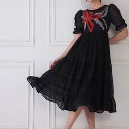 Antheaa Embroidered Round Neck Puff Sleeve Tiered Fit & Flare Midi Dress-30