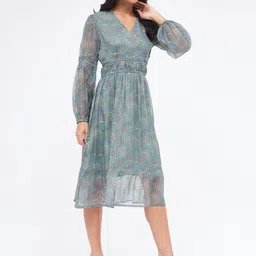 Kibo Ethnic Motifs Printed Puff Sleeve Chiffon A-Line Midi Dress-12