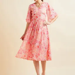 PANIT Floral Printed Flared Sleeves V-Neck Gathered Fit & Flare Midi Dress-image-38