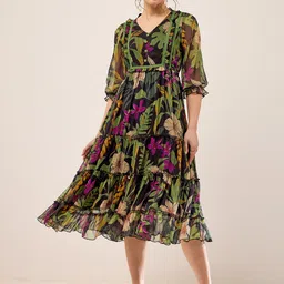 Antheaa Black & Green Floral Printed Puff Sleeves Gathered Tiered Fit & Flare Midi Dress-image-32