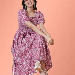 Femvy  Floral Printed Puff Sleeves Fit & Flare Midi Dress-image-46