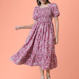 Femvy  Puff Sleeves Fit & Flare Floral Midi Dress-image-81
