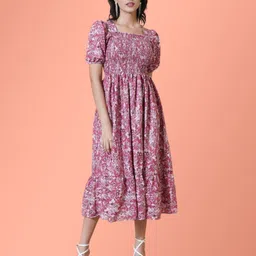 Femvy Floral Printed Smocked Fit & Flare Midi Ethnic Dress-image-47