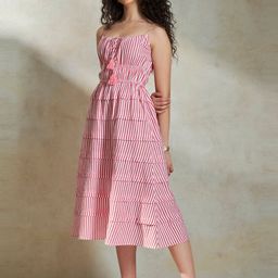 Virgio Striped Shoulder strap Tied neck Layered Midi Dress-image-1