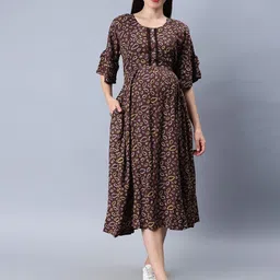 NIGHTSPREE Floral Printed Round Neck Maternity Fit & Flare Midi Dress-picture-11