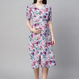 MomToBe Floral Printed Smocked Maternity A-Line Midi Sustainable Dress-picture-16