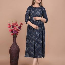 UNIBLISS Floral Printed Cotton Maternity A-Line Midi Dress-picture-35