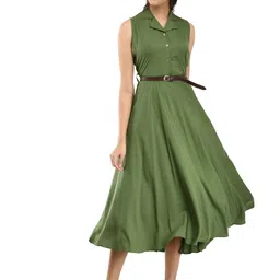 Rudraaksha Creations Shirt Collar Crepe Midi Fit & Flare Dress With Belt-picture-44