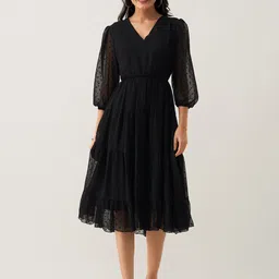 AASK Self Design Puff Sleeve Fit & Flare Midi Dress-image-2