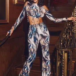 BAESD Abstract Printed Cold-Shoulder Sleeves Crop Top With Flared Trousers-image-24