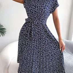 Mast & Harbour Navy Blue Round Neck Floral Print Fit & Flare Midi Dress-picture-42