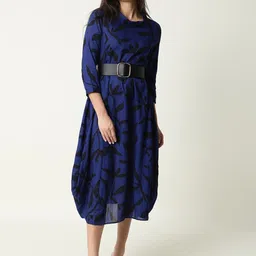 RAREISM Floral Printed Cotton A-Line Midi Dress With Belt-image-59
