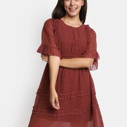 V-Mart Self Design Bell Sleeves Ruffles Cotton Fit & Flare Dress-image-56