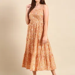 MALHAAR Floral Printed Shoulder Straps Tie Up & Gathered Cotton Tiered Fit & Flare Dress-image-10