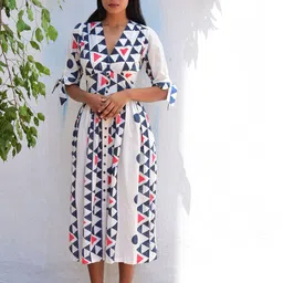 Chidiyaa Geometric Printed Tie-Up Cotton A-Line Dress-image-13