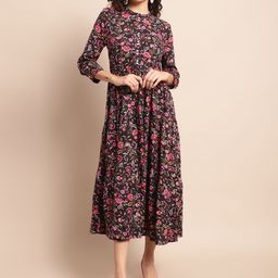Cantabil Floral Printed Mandarin Collar Fit & Flare Midi Dress-image-6