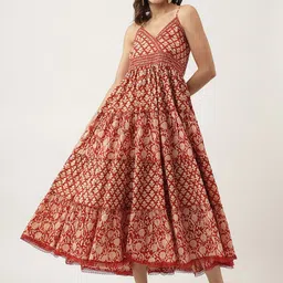 KALINI Ethnic Motifs Printed Shoulder Straps Cotton Fit & Flare Midi Ethnic Dress-picture-41