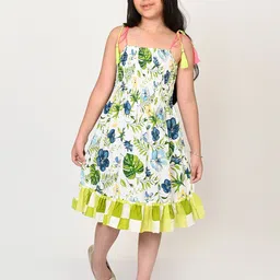 LIL DRAMA Girls Tropical Printed Smocked Fit & Flare Midi Dress-image-123