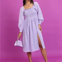 Tokyo Talkies Purple Self Design Square Neck Smocked Fit & Flare Midi Dress-image-54