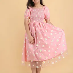 DEKLOOK Girls Floral Printed Puff Sleeves Smocked Detailed Net Fit & Flare Midi Dress-image-7