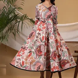 Rain & Rainbow Tropical Printed Bell Sleeves Pure Cotton Wrap Midi Ethnic Dress-image-62