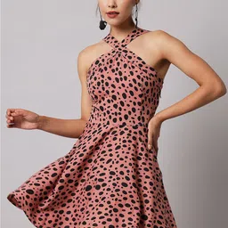 emeros Rose Gold & Black Floral Halter Neck Crepe Dress-picture-25