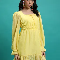 Tokyo Talkies Yellow Checked Square Neck Puff Sleeve Fit & Flare Dress-image-29