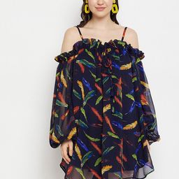 Bitterlime Conversational Printed Puff Sleeves Fit & Flare Mini Dress-picture-1