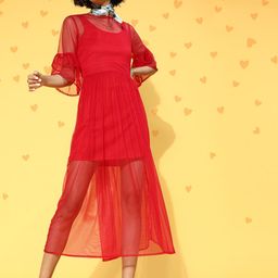 Athena Women Chic Red Solid Sheer Dress-81