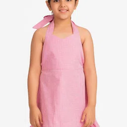 KIDKLO Pink Checked Halter Neck Pure Cotton Dress with Back Tie-ups-image-93