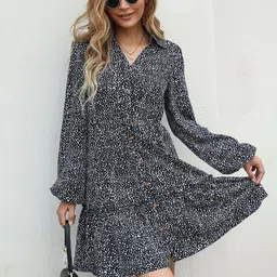 StyleCast  Shirt Collar Cuffed Sleeves Print Shirt Dress-54